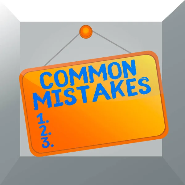 Conceptual hand writing showing Common Mistakes. Business photo showcasing actions that are often used interchangeably with error Memo reminder empty board attached background rectangle. — Stock Photo, Image