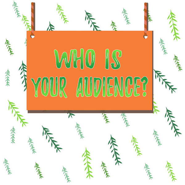 Текст почерка "Кто твой зритель?" Концепция, означающая, кто смотрит или слушает его Деревянная доска прямоугольник формы пустой рамки фиксированной красочной полосатой струны
.