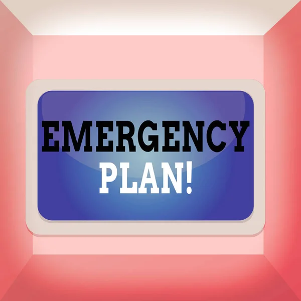 Conceptual hand writing showing Emergency Plan. Business photo text actions developed to mitigate damage of potential events Board rectangle white frame empty fixed color surface plank. — Stock Photo, Image
