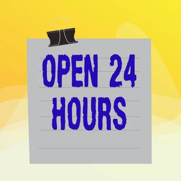 Notatka z Open 24 Hours. Prezentacja zdjęć biznesowych dostępna przez cały dzień i całą noc bez zamykania lub zatrzymywania linii papieru segregator suare notebook kolor tła. — Zdjęcie stockowe