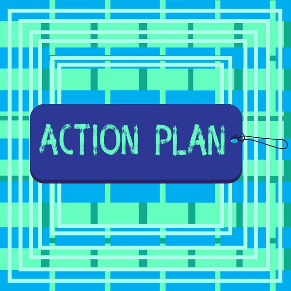 Text sign showing Action Plan. Conceptual photo detailed plan outlining actions needed to reach goals or vision Label tag badge rectangle shaped empty space string colorful background.