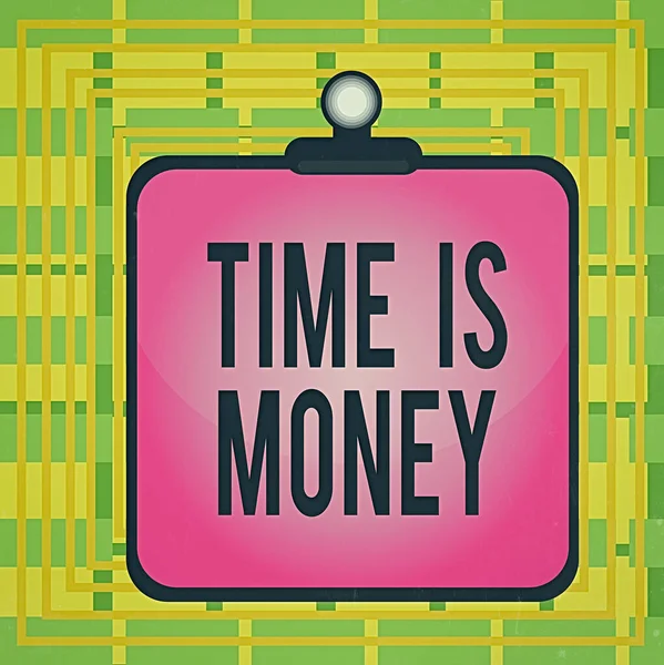 Text sign showing Time Is Money. Conceptual photo time is a valuable resource Do things as quickly as possible Clipboard colorful background spring clip stuck bind empty plank frame.