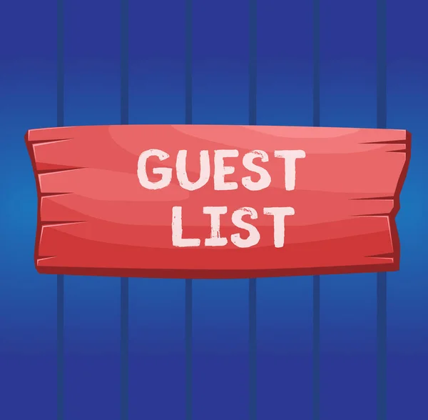 Writing note showing Guest List. Business photo showcasing a list of showing who are allowed to enter the show or an event Wooden board rectangle shaped wood attached color background. — Stock Photo, Image