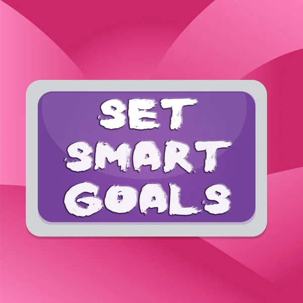 Handwriting text Set Smart Goals. Concept meaning giving criteria to guide in the setting of objectives Board rectangle white frame empty blank space fixed color surface plank.