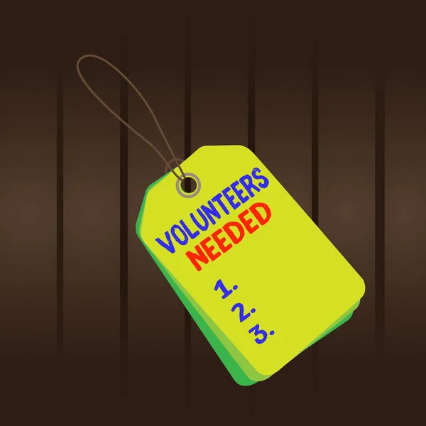 Writing note showing Volunteers Needed. Business photo showcasing need work or help for organization without being paid Rectangle badge attached string colorful background with tag.