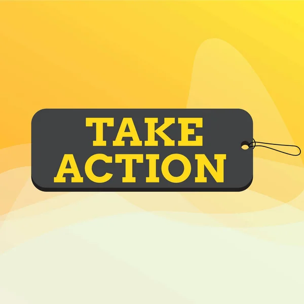 Schreiben Notiz zeigt Take Action. Business-Foto präsentiert etwas zu tun oder zu handeln, um ein bestimmtes Ergebnis zu erhalten Label-Tag-Abzeichen Rechteck geformt Leerraum String bunten Hintergrund. — Stockfoto