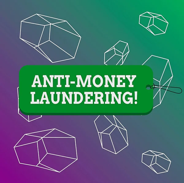 Word writing text Anti Money Laundering. Business concept for regulations stop generating income through illegal actions Label tag badge rectangle shaped empty space string colorful background.