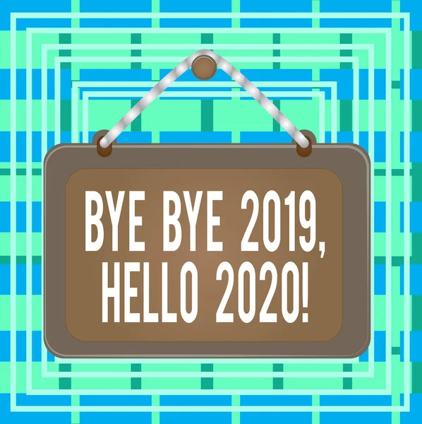 Знак тексту, що показує Bye Bye 2020 Hello 2020. Концептуальна фотографія, що прощалася з минулим роком і вітає ще одну хорошу, фіксовану рамку з нігтьового каркаса, смугастий фон прямокутника. — стокове фото
