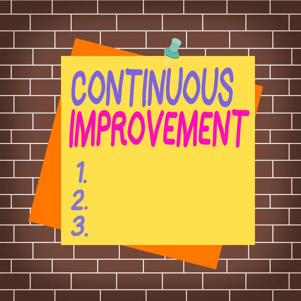 Text sign showing Continuous Improvement. Conceptual photo ongoing effort to improve products or processes Reminder color background thumbtack tack memo attached office pin square.