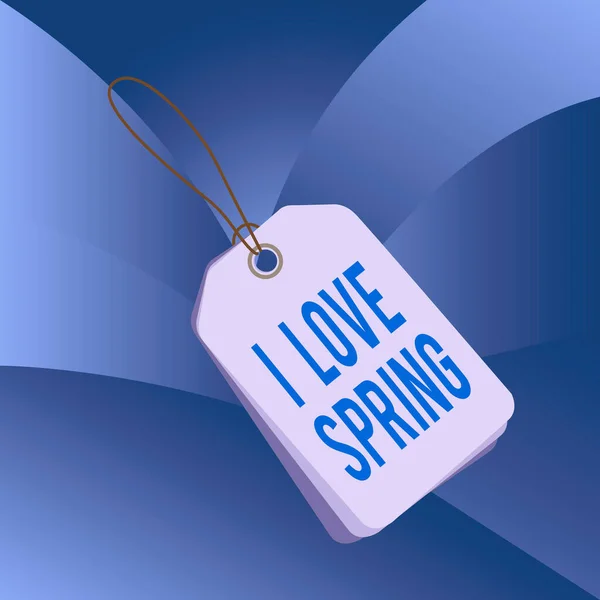 Escrita à mão escrita de texto I Love Spring. Conceito que significa dizer por que ter um forte afeto a esta temporada Etiqueta retângulo vazio distintivo anexado string colorido fundo tag pequeno . — Fotografia de Stock