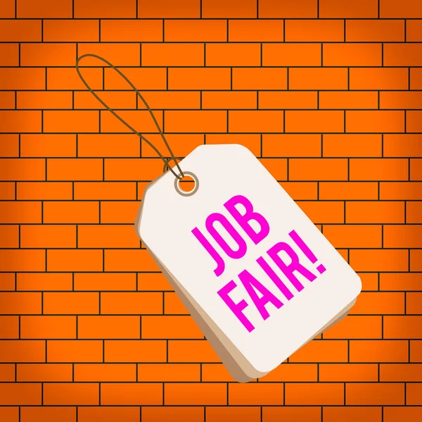 Text sign showing Job Fair. Conceptual photo event where employers offer information about their companies Label rectangle empty badge attached string colorful background tag small. — Stock Photo, Image