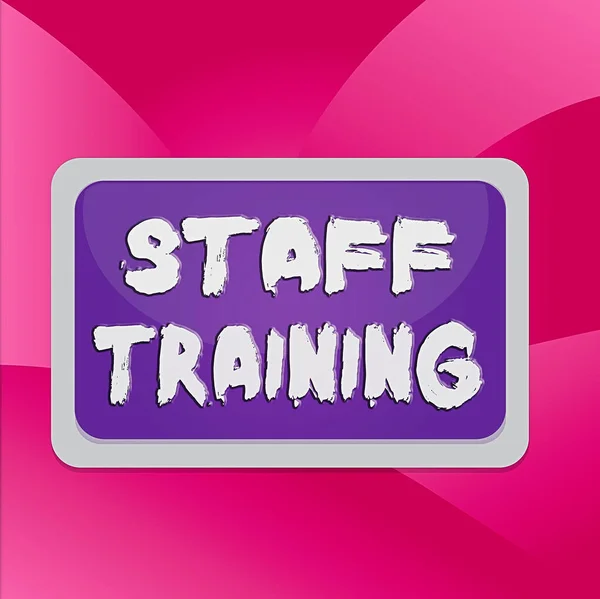 Handwriting text Staff Training. Concept meaning program that helps employees learn specific knowledge Board rectangle white frame empty blank space fixed color surface plank.