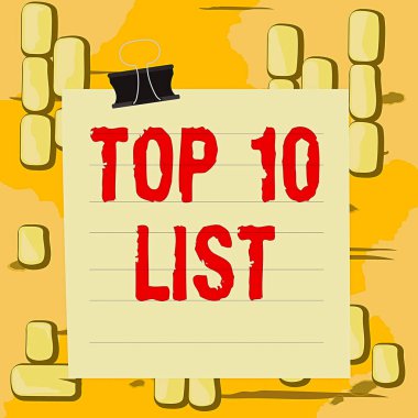 Kelime yazma metni Top 10 listesi. Belirli bir listedeki en önemli ya da en başarılı on öge için iş konsepti Kağıt satırları klasör karton boş karton not defteri renk arkaplanı.