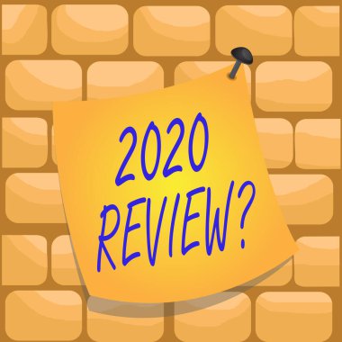 2020 Teftiş Sorusu 'nun el yazısı metni. Kavram, geçen yılki olayları hatırlamak anlamına gelir. Ana eylemler veya iyi eylemler, renkli, boş iğneli çerçeveye çivilenmiş eğri hatırlatıcı kağıt notlarını gösterir..