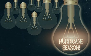 El yazısı metin Hurricane Season. Kavram anlamı, tropikal siklonların çoğunun gelişmesinin beklendiği zaman.