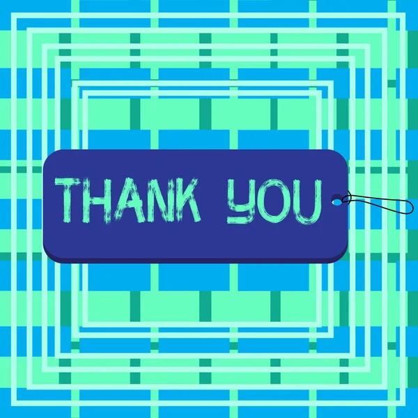 Text sign showing Thank You. Conceptual photo a polite expression used when acknowledging a gift or service Label tag badge rectangle shaped empty space string colorful background. — Stock Photo, Image