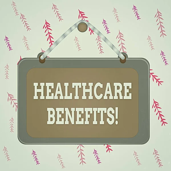 Handwriting text writing Healthcare Benefits. Concept meaning monthly fair market valueprovided to Employee dependents Board fixed nail frame string striped colored background rectangle panel.