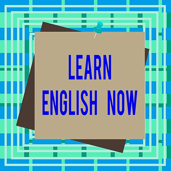 Text sign showing Learn English Now. Conceptual photo gain or acquire knowledge and skill of english language Reminder color background thumbtack tack memo attached office pin square.