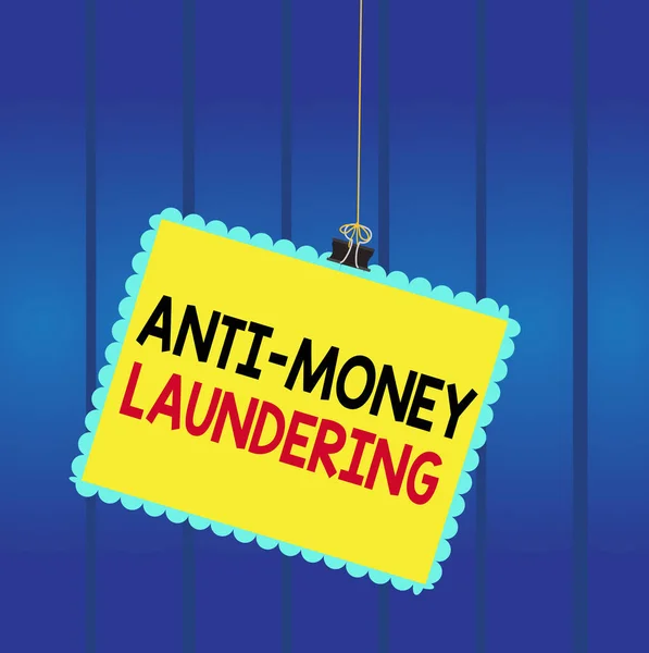 Writing note showing Anti Money Laundering. Business photo showcasing regulations stop generating income through illegal actions Stamp stuck binder clip square color frame rounded tip.