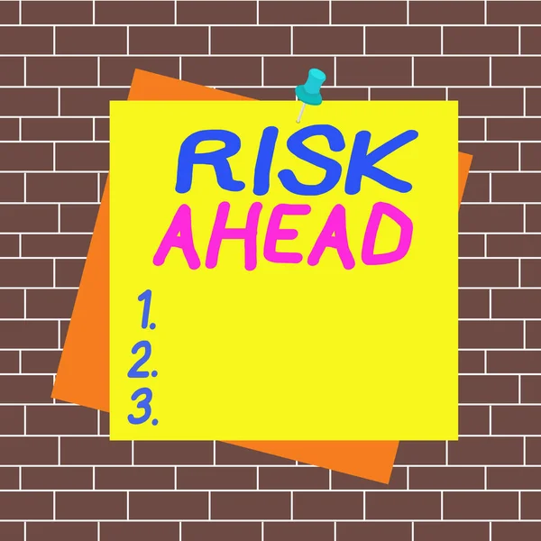 Text sign showing Risk Ahead. Conceptual photo A probability or threat of damage, injury, liability, loss Reminder color background thumbtack tack memo attached office pin square. — Stock Photo, Image