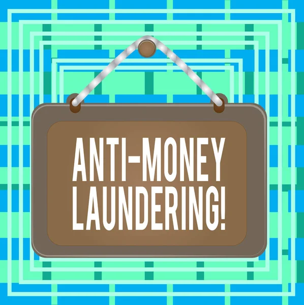 Text sign showing Anti Money Laundering. Conceptual photo regulations stop generating income through illegal actions Board fixed nail frame string striped colored background rectangle panel.