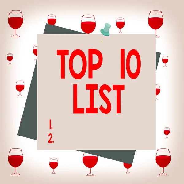 Text sign showing Top 10 List. Conceptual photo the ten most important or successful items in a particular list Reminder color background thumbtack tack memo attached office pin square.