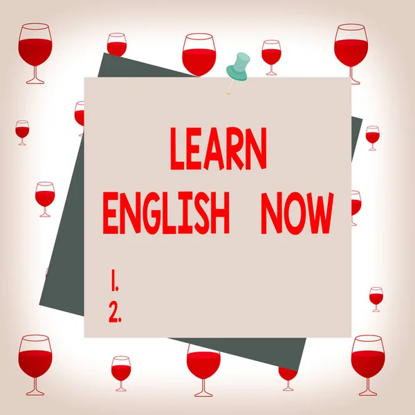 Text sign showing Learn English Now. Conceptual photo gain or acquire knowledge and skill of english language Reminder color background thumbtack tack memo attached office pin square.