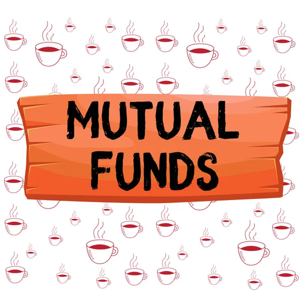 Writing note showing Mutual Funds. Business photo showcasing collection of stocks bonds or other securities from investors Wooden board rectangle shaped wood attached color background.