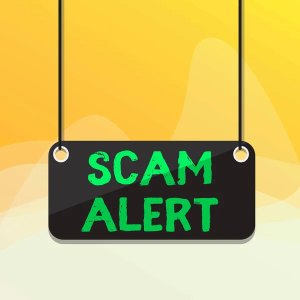 Schreiben Notiz mit Scam Alert. Geschäftsfoto mit unerwünschter E-Mail, die die Aussicht auf ein Schnäppchen Board Farbe Hintergrund Plank beigefügten String Panel Rechteck behauptet. — Stockfoto