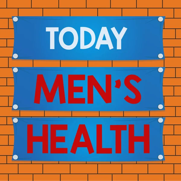 Text sign showing Mens Health. Conceptual photo state of complete physical mental and social well being by man Wooden panel attached nail colorful background rectangle lumber plank wood.