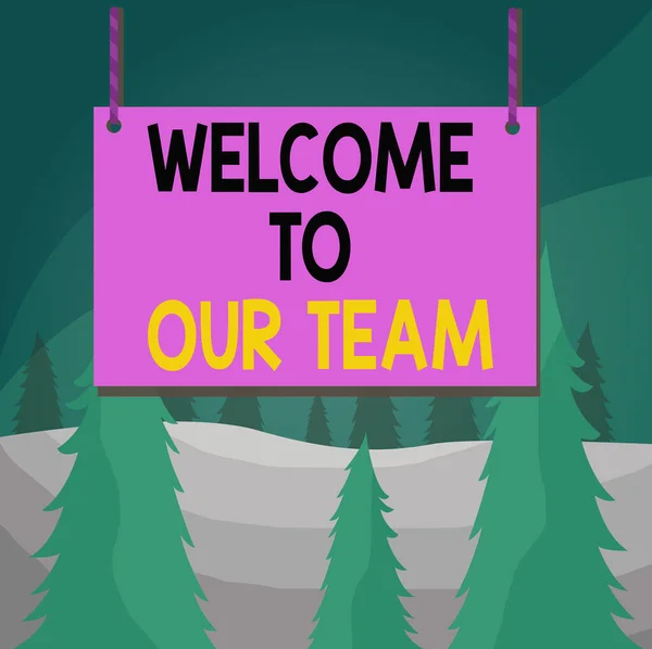 Word writing text Welcome To Our Team. Business concept for introducing another demonstrating to your team mates Wooden board wood rectangle shape empty frame fixed colorful striped string. — Stock Photo, Image