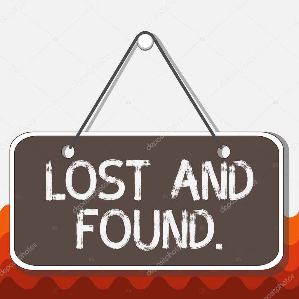 Conceptual hand writing showing Lost And Found. Business photo showcasing a place where lost items are stored until they reclaimed Memo reminder empty board attached background rectangle.