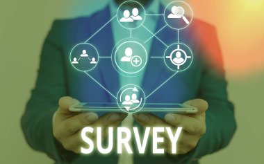 Anket'i gösteren metin işareti. Önceden tanımlanmış bir gruptan veri toplamak için kullanılan kavramsal fotoğraf araştırma yöntemi.