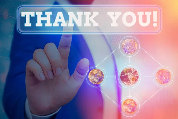Znak tekstowy "Dziękuję". Pojęcie zdjęcie uprzejme wyrażenie używane przy uznawaniu komplementu usługi prezent Elementy tego obrazu dostarczone przez NASA. — Zdjęcie stockowe