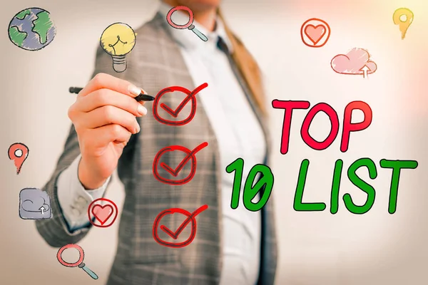 Schreibnotiz mit Top-10-Liste. Business-Foto mit den zehn wichtigsten oder erfolgreichsten Artikeln einer bestimmten Liste. — Stockfoto