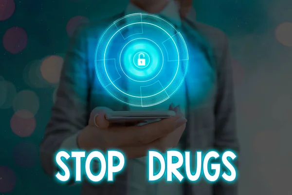 Scrittura concettuale a mano che mostra Stop Drugs. La presentazione di foto aziendali ha posto fine alla dipendenza da sostanze come l'eroina o la cocaina . — Foto Stock