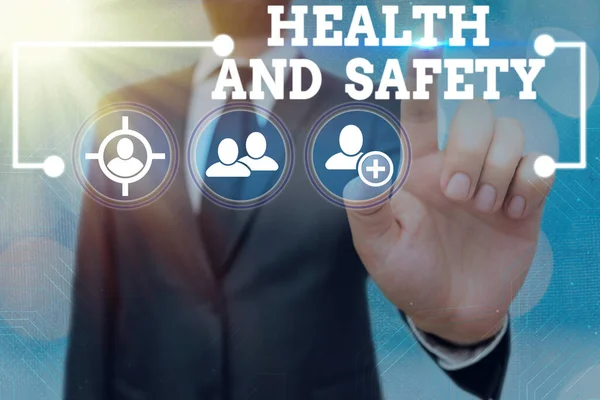 Kézírás szöveg Egészségvédelmi és biztonsági kérdés. Fogalom jelentése: balesetek megelőzését célzó rendeletek és eljárások. — Stock Fotó