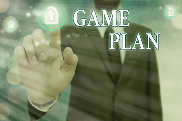 Word pisanie tekstu Game Plan. Koncepcja biznesowa strategii opracowana z wyprzedzeniem w polityce sportowej lub biznesie. — Zdjęcie stockowe