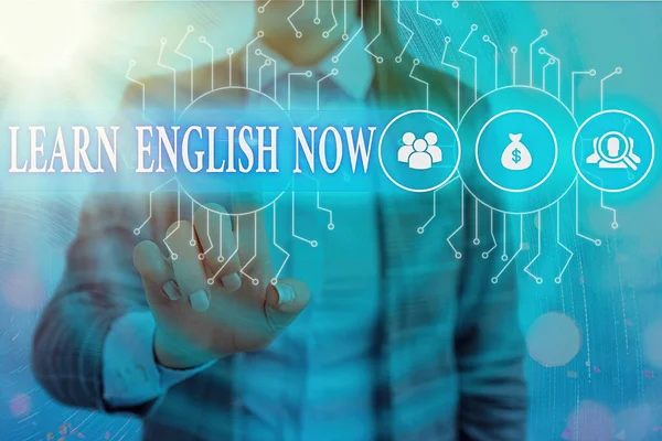 Escritura a mano Aprende inglés ahora. Concepto que significa ganar o adquirir conocimientos y habilidades del idioma inglés . —  Fotos de Stock