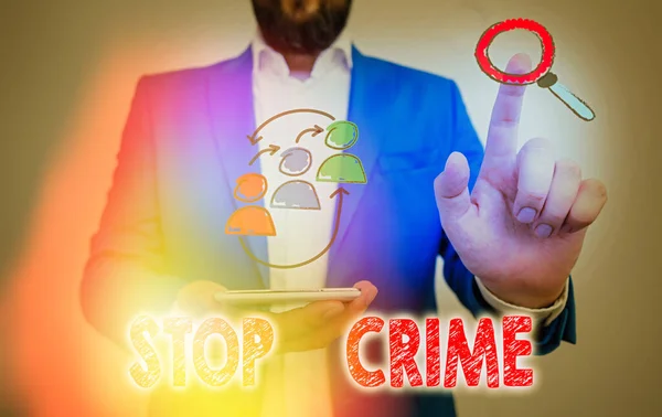 Segno di testo che mostra Stop Crime. Foto concettuale lo sforzo o il tentativo di ridurre e scoraggiare il crimine e i criminali . — Foto Stock