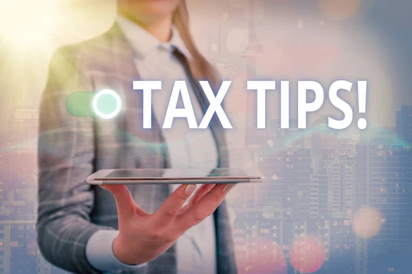Text sign showing Tax Tips. Conceptual photo compulsory contribution to state revenue levied by government. — Stock Photo, Image
