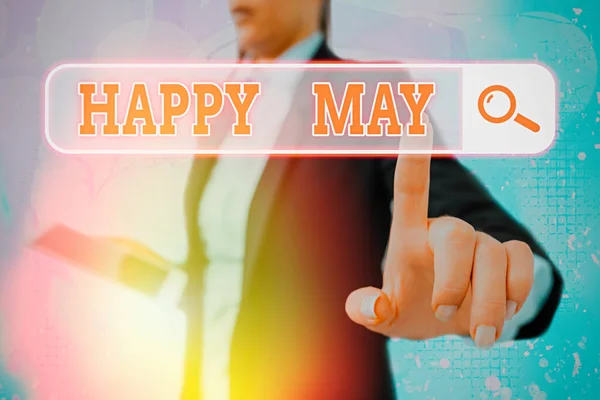 Escrevendo uma nota mostrando Happy May. Foto de negócios mostrando feliz mês novo Melhores desejos Fresh Start Celebrating Holiday . — Fotografia de Stock