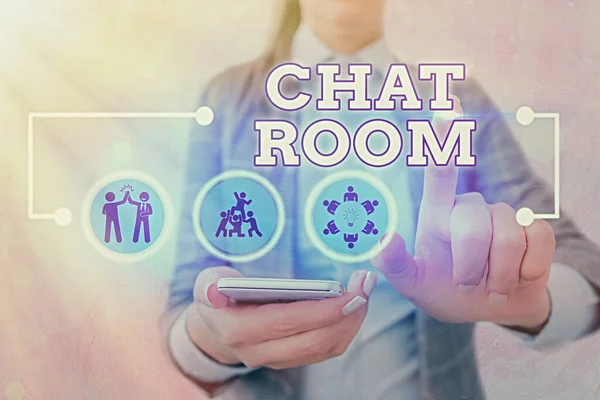 Note d'écriture montrant Chat Room. Photo d'affaires montrant la zone sur Internet ou le réseau informatique où les utilisateurs communiquent . — Photo