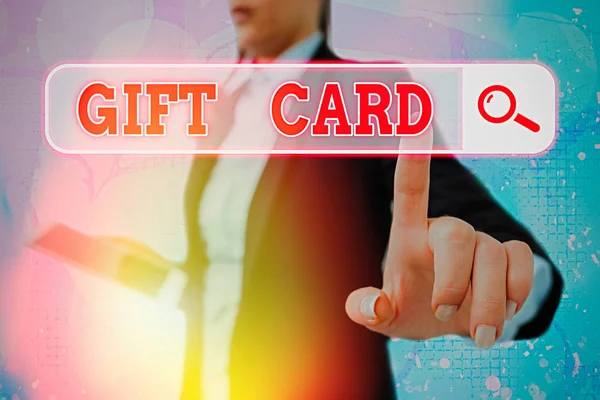 Nota de escrita mostrando Gift Card. Exibição de fotos de negócios Um presente geralmente feito de papel que contém sua mensagem . — Fotografia de Stock