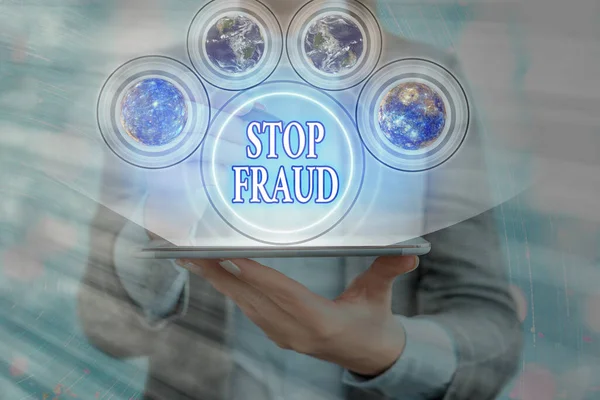 Teks tulisan kata Stop Fraud. Konsep bisnis untuk saran kampanye menunjukkan untuk mengawasi lebih banyak transaksi uang Elemen dari gambar ini dilengkapi oleh NASA. — Stok Foto