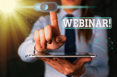 Kelime yazma metin Webinar. Internet üzerinde gerçekleşen seminer veya diğer sunum türleri için iş konsepti.