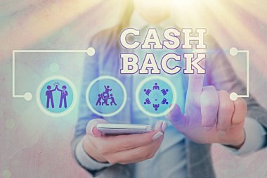 Cash Back 'i gösteren bir not yazıyorum. Bazı ürünlerin alıcılarına sunulan teşvikleri gösteren bir iş fotoğrafı sergisi.