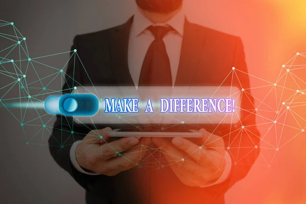 Conceptual hand writing showing Make A Difference. Business photo showcasing have significant effect or non on demonstrating or situation. — Stock Photo, Image