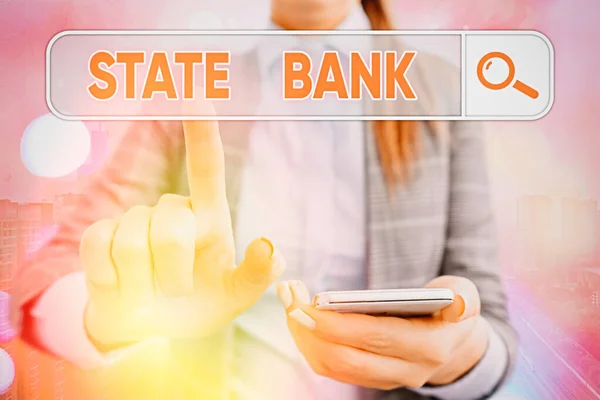 Handwriting text writing State Bank. Concept meaning generally a financial institution that is chartered by a state..