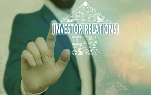 Sinal de texto mostrando Relações com Investidores. Responsabilidade de gerenciamento de fotos conceitual que integra finanças . — Fotografia de Stock